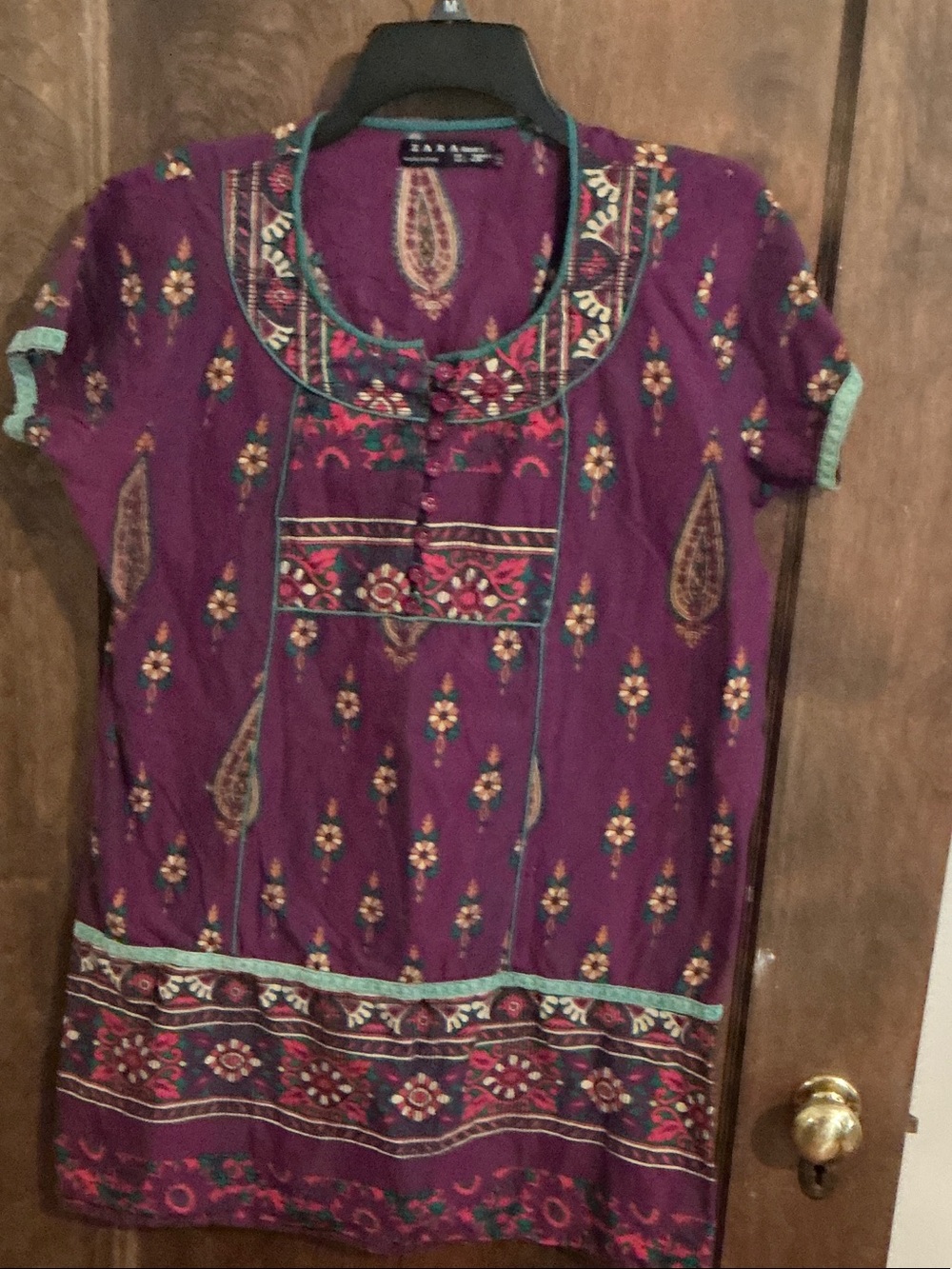Zara Basics Purple Tunic Top with Teal Trim and Gold Paisley Motif
